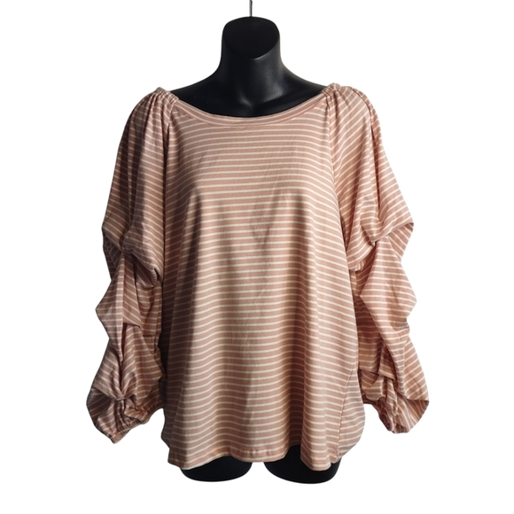 Yissang Tops - Yissang Womens White Pink Striped Ruched Long Sleeve Blouse Stretch Sz XL NWT